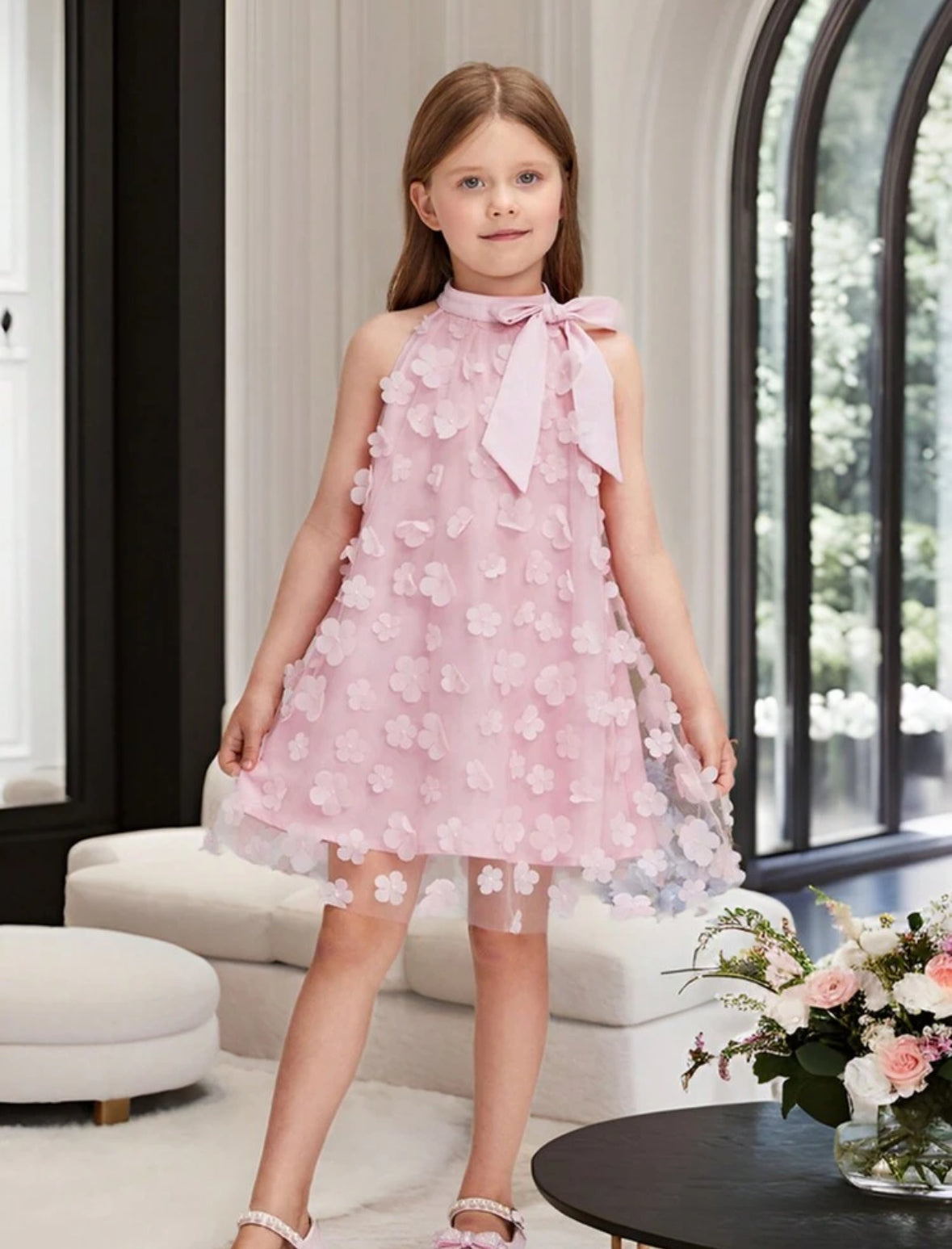 Vestido rosa con flores 3D